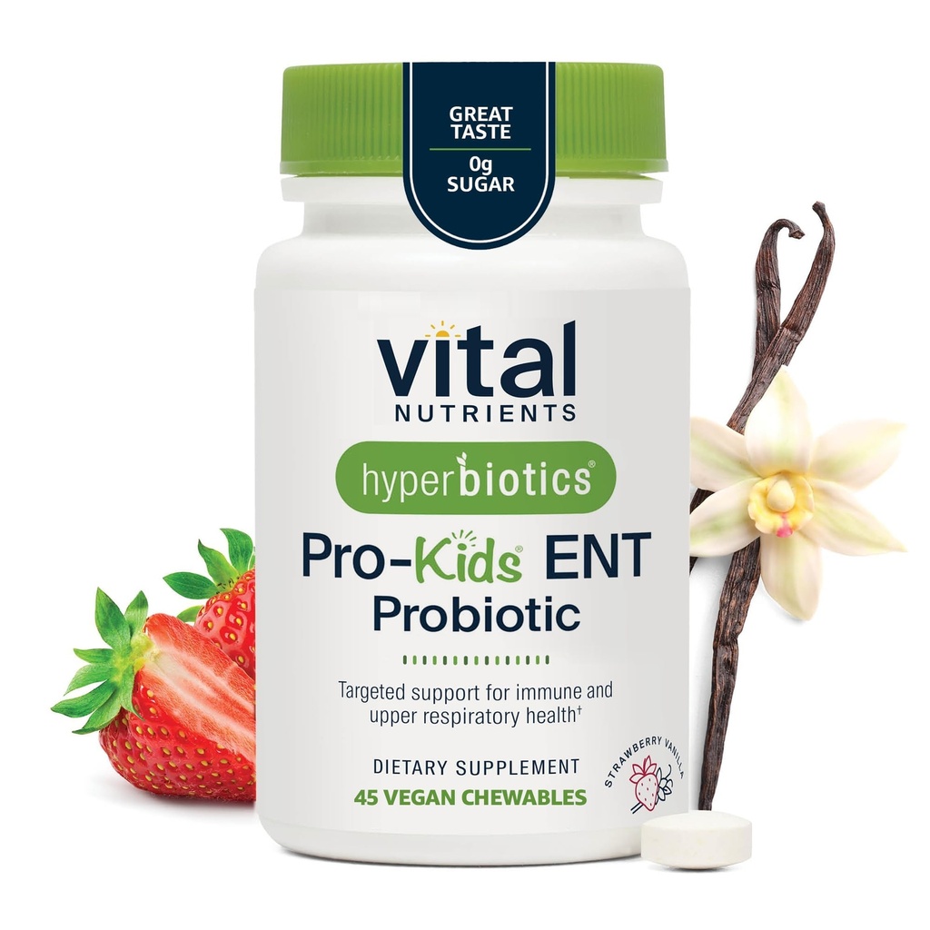 Hiperbiyotikler Vital Nutrients Pro Kids Probiyotik ENT | Toddler Çocuklar için Probiyotikler, Nose ve Throat | Targeted Immune and Digestive Health | Strawberry-Vanilla 45 Sugar-Free Chewable Tabletler