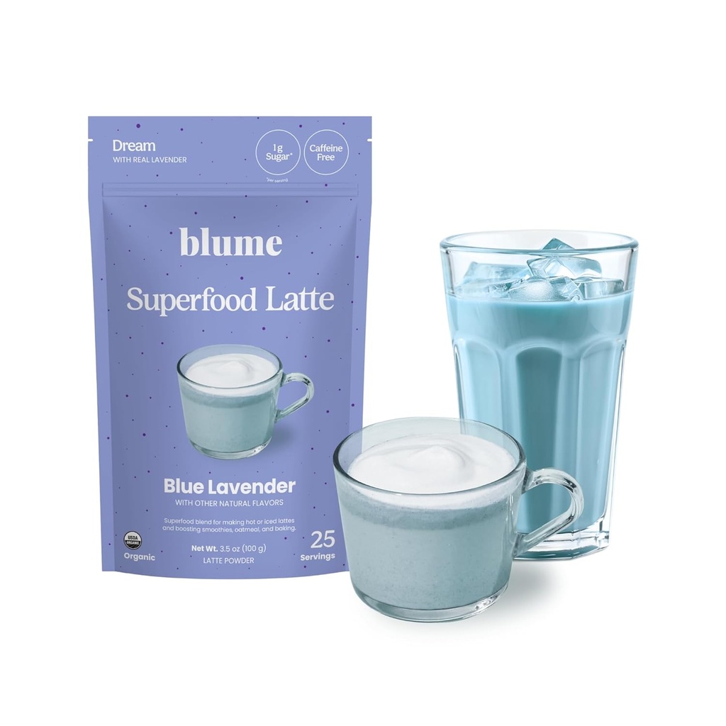 Blume Superfoods Latte - Μπλε λεβάντα σκόνη με μπλε Spirulina και γάλα καρύδας, καφεΐνη Δωρεάν, χαμηλή ζάχαρη, οργανικά, Keto φιλικό, Vegan, υποστηρίζει τον ύπνο και την ηρεμία, Lavender Latte- 25 εξυπηρετούν