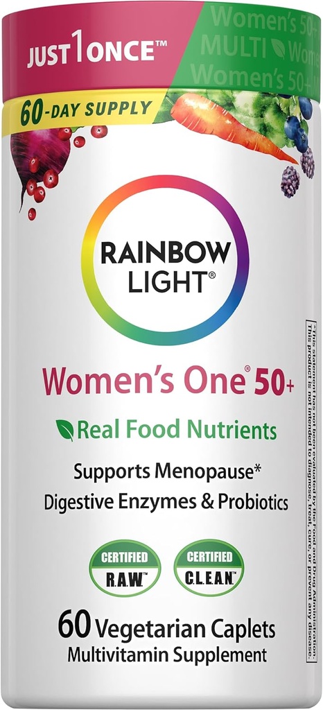 Rainbow Light Multivitamin for Women 50+, Vitamin C, D & çinko, Probiyotikler, Women's One 50+ Multivitamin Yüksek Potency Immune Support, Non-GMO, Vegetarian, 60 Tabletler