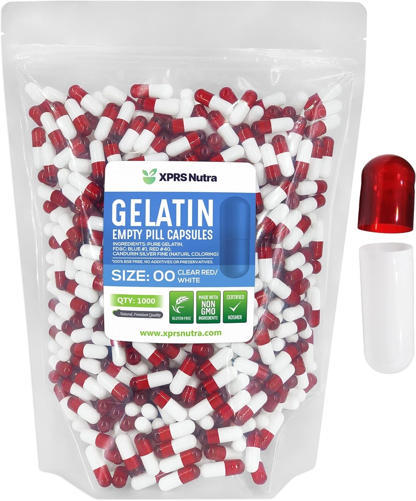 XPRS Nutra Boyutu 00 Boş Kapsüller - 1000 Kont Boş Gelatin Capsules - Pills DIY Capsule - Do-It- Yourself Supplements (Clear Red/White)