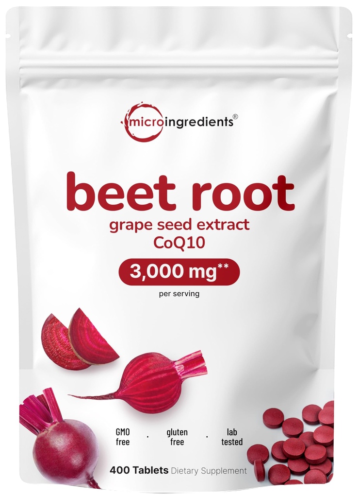 Beet Root 3.000 mg with Grape Seed Extract & CoQ10, 400 Tabletler | 200 Hizmetler | Süper Beets Supplements from Fresh Beetroot Extract for Nitric Physics, Blood Pressure & Heart Health Support