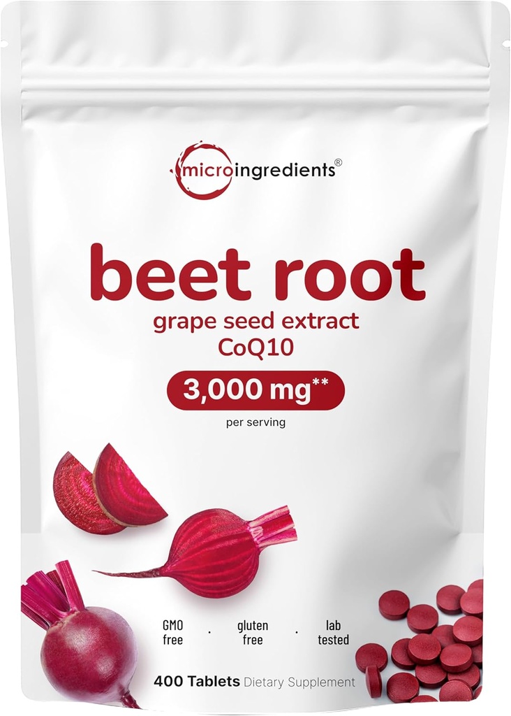 Beet Root 3.000 mg with Grape Seed Extract & CoQ10, 400 Tabletler | 200 Hizmetler | Süper Beets Supplements from Fresh Beetroot Extract for Nitric Physics, Blood Pressure & Heart Health Support