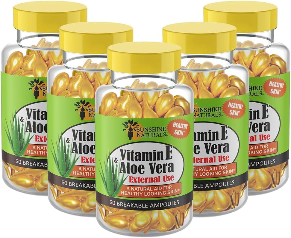 Sunshine Naturals Vitamin E ve Aloe Vera Moisturizer. Kuru Skin için Hydrating Formula, Soothing Relief, Nourishment ve Skin Elasticity. Yumuşak ve sağlıklı görünümlü Skin. 60 Vials. 5 Paket 5