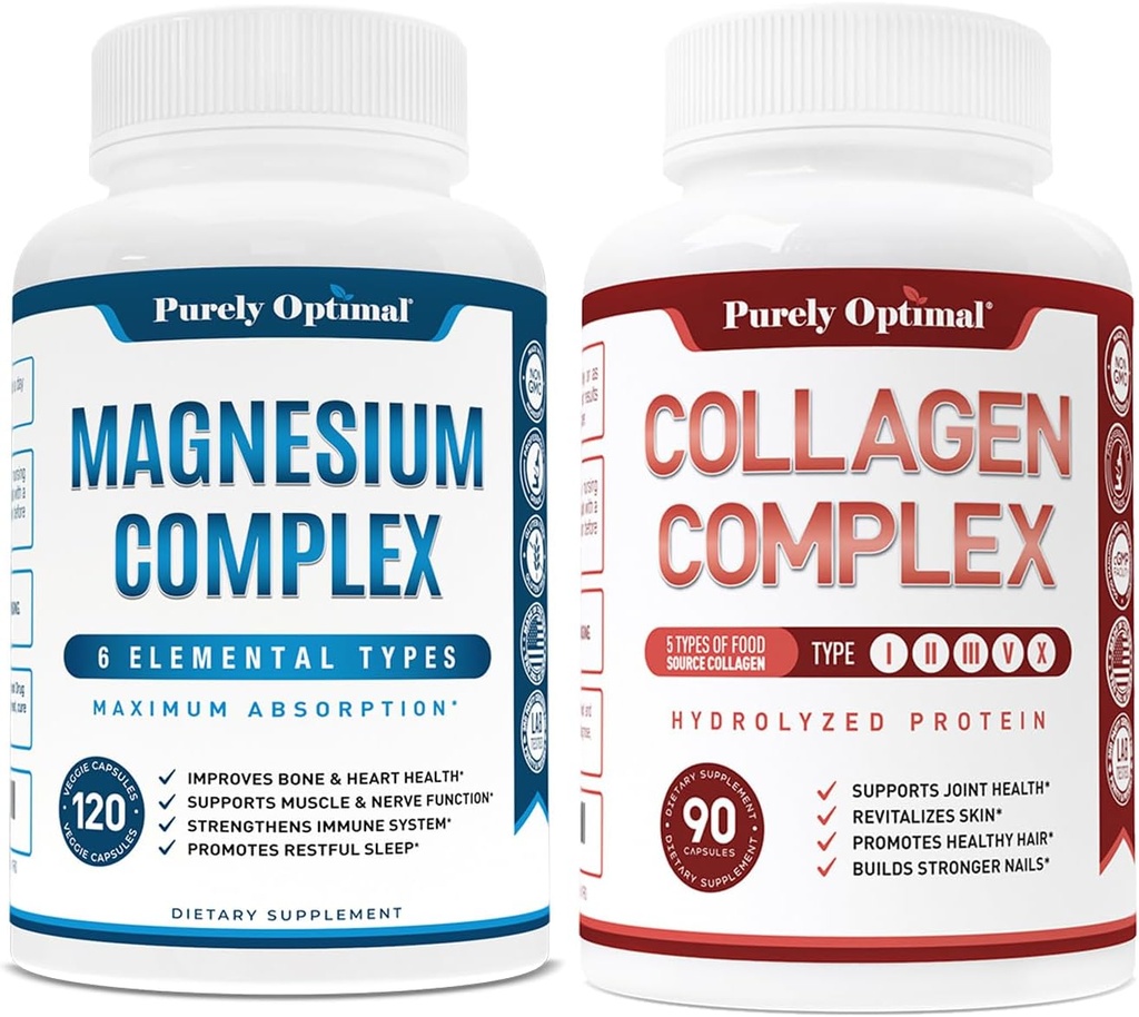 Safly Optimal Premium Magnezyum Kompleksi - Citrate, Malate, Muscle Relaxation - 120 caps + Purely Optimal Premium Multi Collagen Capsule Capsules (Types I, II, III, V, X)
