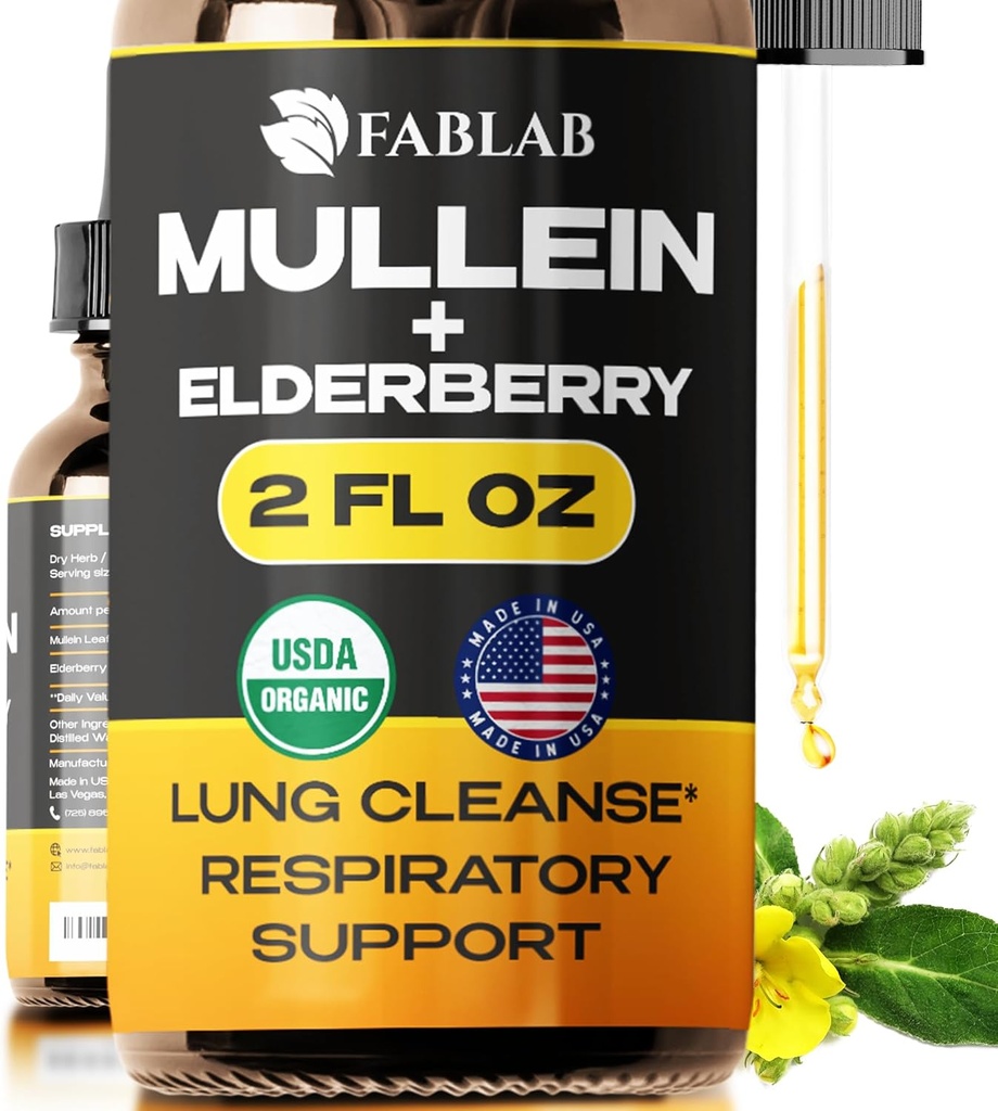 FabLab Mullein Leaf Extract with Elderberry 2 Fl Oz - Amerika'da Yapıldı - Daha İyi Lung için Merdiven - Lung Detox - Bronchial Cleanse for Smokers - Respiratory Herbal Supplement