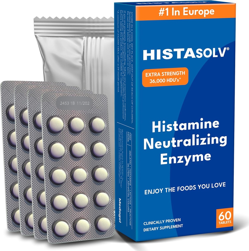 HISTAsolv Ekstra Kuvvet DAO Enzyme Supplement for Histamine Food intolerance - Eases Digestive Discomfort - Patented Tech - Avusturya'da Yapılan 60 Pack