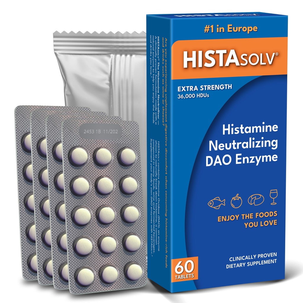 HISTAsolv Ekstra Kuvvet DAO Enzyme Supplement for Histamine Food intolerance - Eases Digestive Discomfort - Patented Tech - Avusturya'da Yapılan 60 Pack
