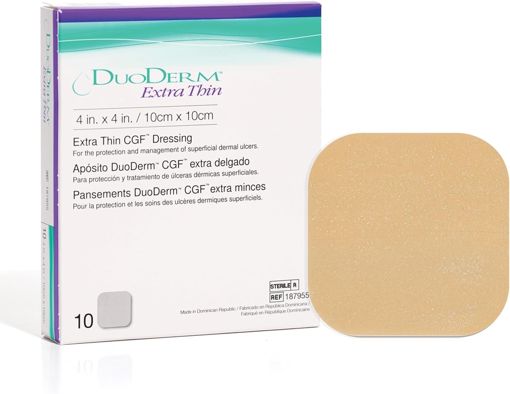 Convatec Duoderm Extra Thin Control Gel Formula 4"x4" Hydrocolloid Στερεό αυτοκόλλητο φόρεμα για επιφανειακές πληγές, χαμηλή τριβή, Latex-free, Αδιάβροχο, πλατεία, μπεζ, 10ct κουτί