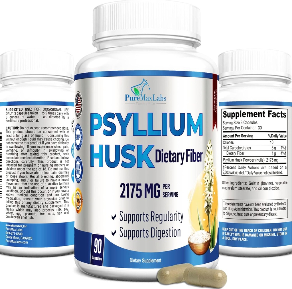 Συμπλήρωμα φυτικών ινών Psyllium Husk 2175mg, Μη ΓΤΟ, 90 κάψουλες
