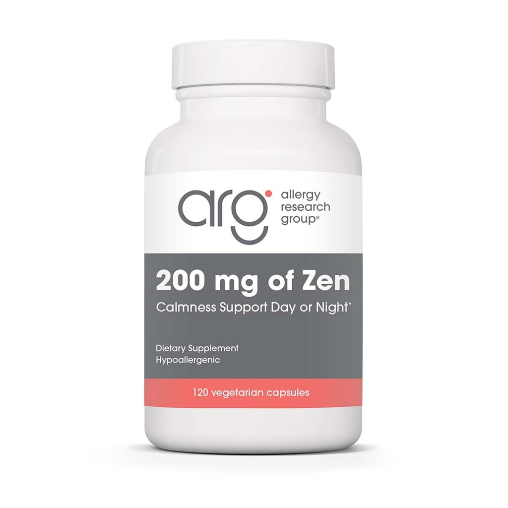 Ομάδα Έρευνας Αλλεργίας 200 mg Zen - GABA L-Theanine Supplement, Φυσική ηρεμία, ύπνος & χαλάρωση Υποστήριξη για γυναίκες & άνδρες, λήψη ημέρα ή νύχτα για χαλάρωση & ήρεμη ενέργεια - 120 κάψουλες χορτοφάγων
