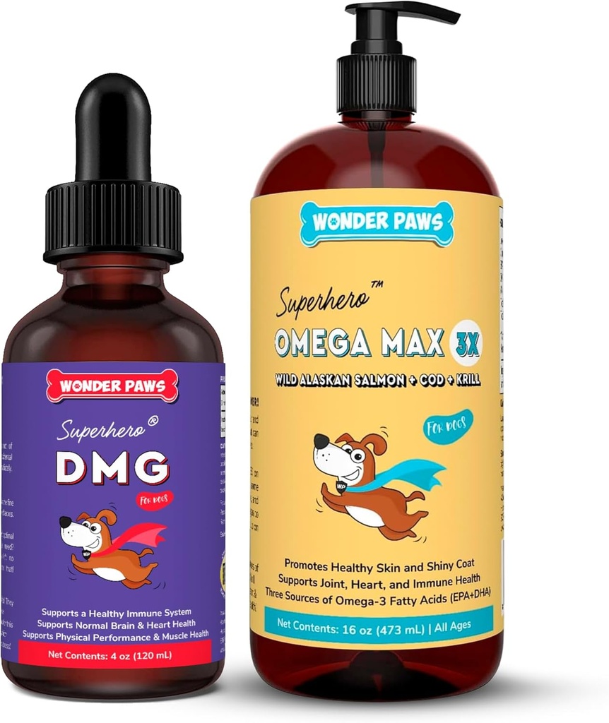 WONDER PAWS Premium DMG Sıvı Plus Omega Max Fish Oil - Köpek Immune Support, Skin, Allergies, Ortak Bakım ve Genel Sağlık - DMG 4 Ounces - Omega Max 16 Ounces