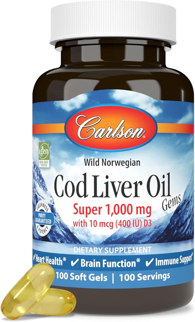 Carlson - Cod Liver Oil, Super 1000 mg + Βιταμίνες A & D3, Άγρια Νορβηγικά, Με Βιώσιμη προέλευση, 100 Softgels