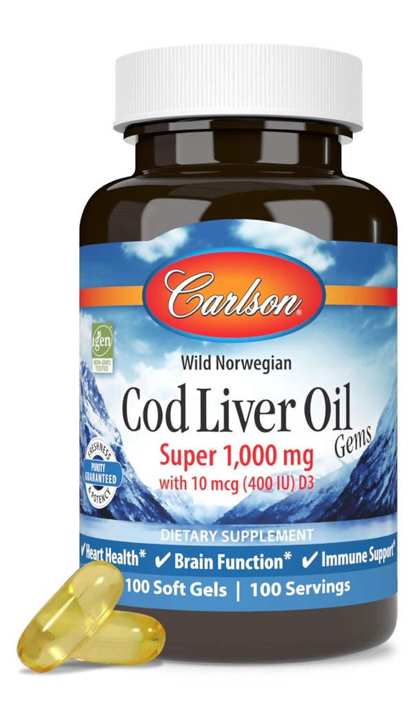 Carlson - Cod Liver Oil, Super 1000 mg + Vitamins A & D3, Wild Norveç, Sustainable Sourced, 100 Softgels