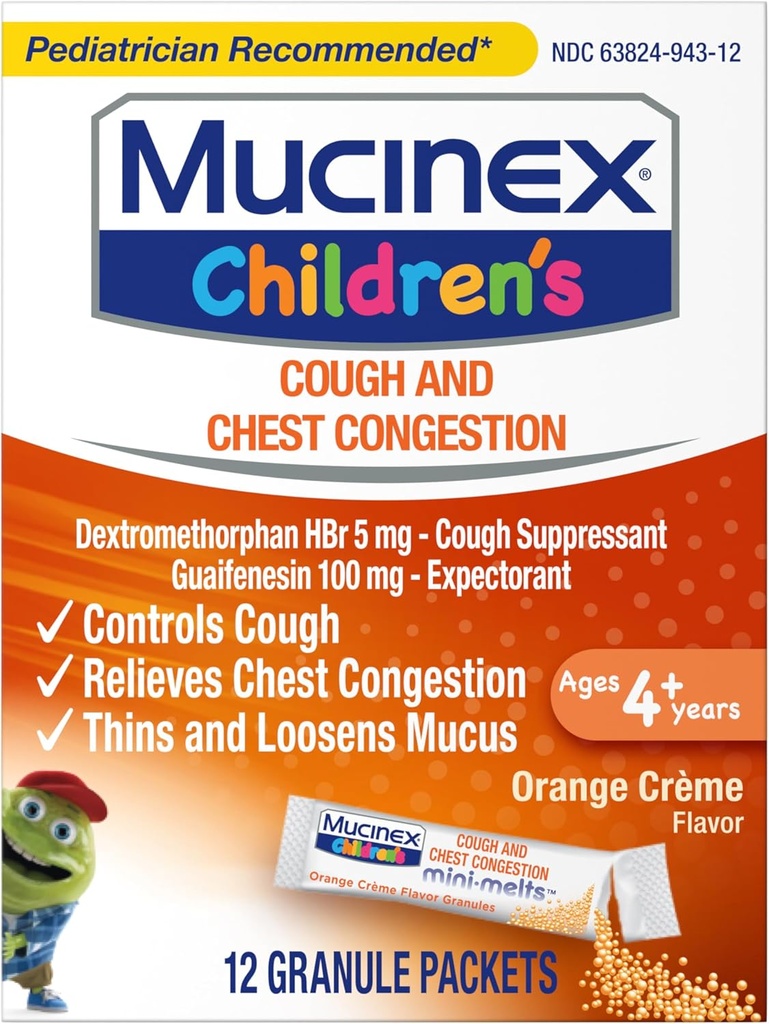 Mucinex Παιδική Θωρακική Συμφορητική Προσδοκώμενη και Βήχας Καταπιεστικό Mini-Melts, Πορτοκαλί Κρέμα, 12 Count (Packaging May Vary)