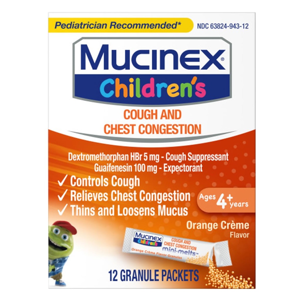Mucinex Children's Chest Congestion Expectorant and Cough Suppressant Mini-Melts, Orange Cream, 12 Count (Packaging May Vary)