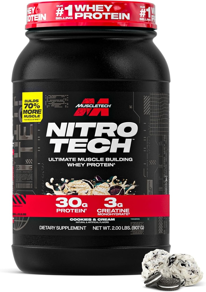 Kastech Whey Protein Tozu (Kurlar ve Krem, 2.2 Pound) - NitroTech Ultimate Muscle Building Formula Whey Protein Isolate - 30g Protein, BCAA 3g - Ambalaj Vary