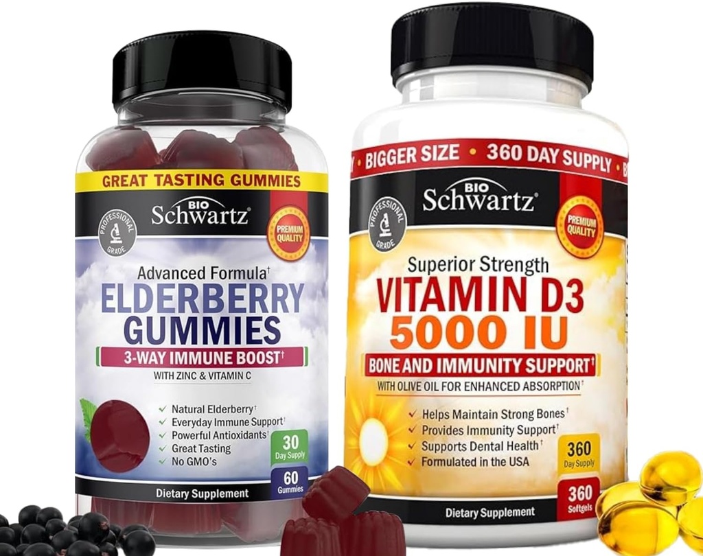 BioSchwartz Elderberry Gummies with çinko and Vitamin C for Yetişkinler Immune Support (1 Ay Supply) Plus High Strength Vitamin D3 5000 IU 125 mcg (1 Yıl Supply)