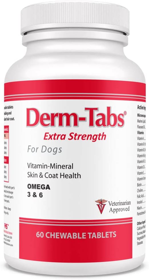 Derm Tabs Extra Strength for Dogs - Φυσικό Έλαιο, Βιταμίνες, Ορυκτά και Αντιοξειδωτικά - Υποστήριξη Υγιούς Δέρματος και Μείωση Απορρίμματα -60 Μασώμενα Δισκία