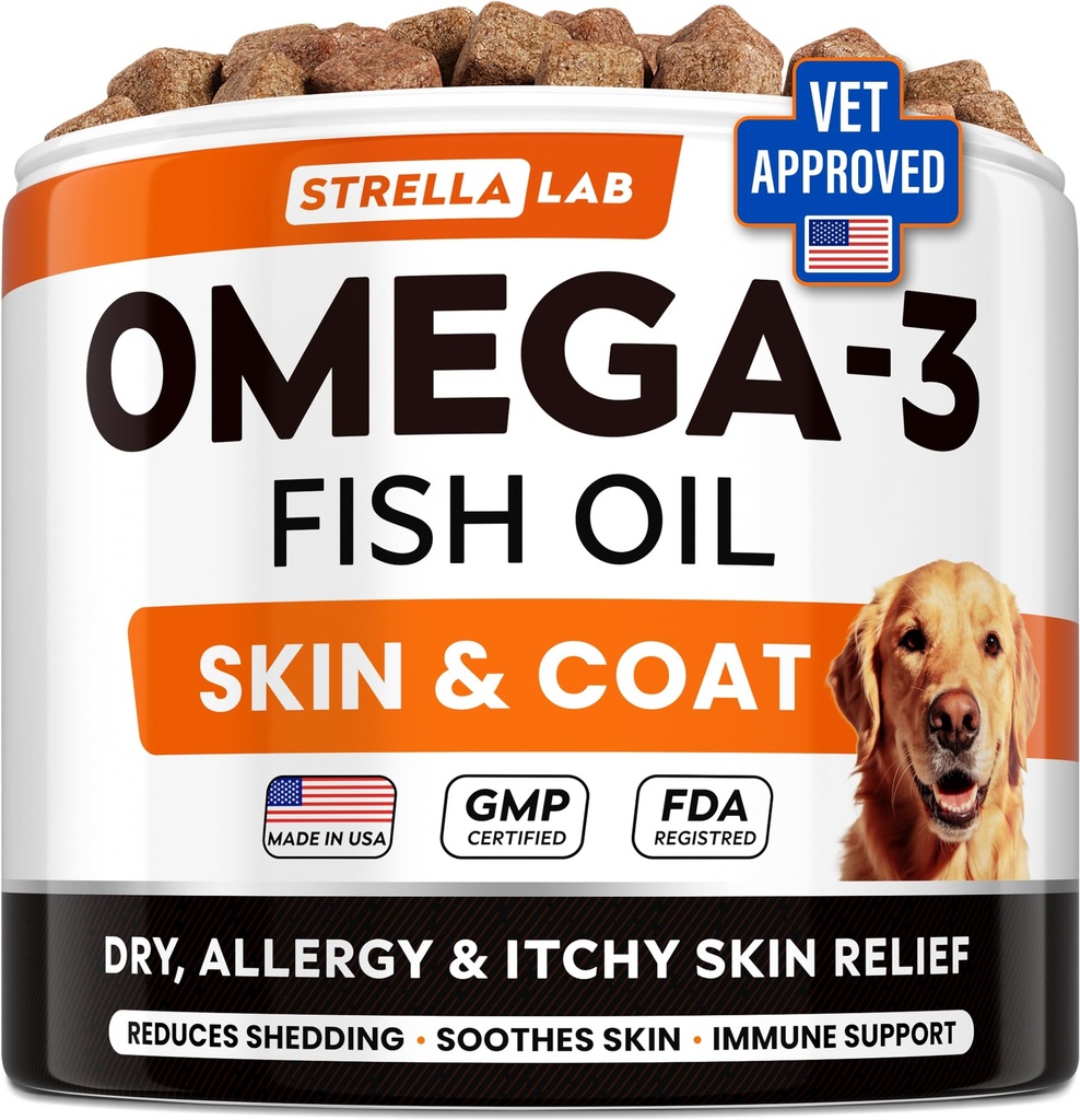 StrellaLab Omega 3 for Dogs - (180Ct) Balık Yağı Tedaviler - Anti Shedding & Hot Spots Tedavisi - Pet Salmon Oil Chews - Tavuk Flavor