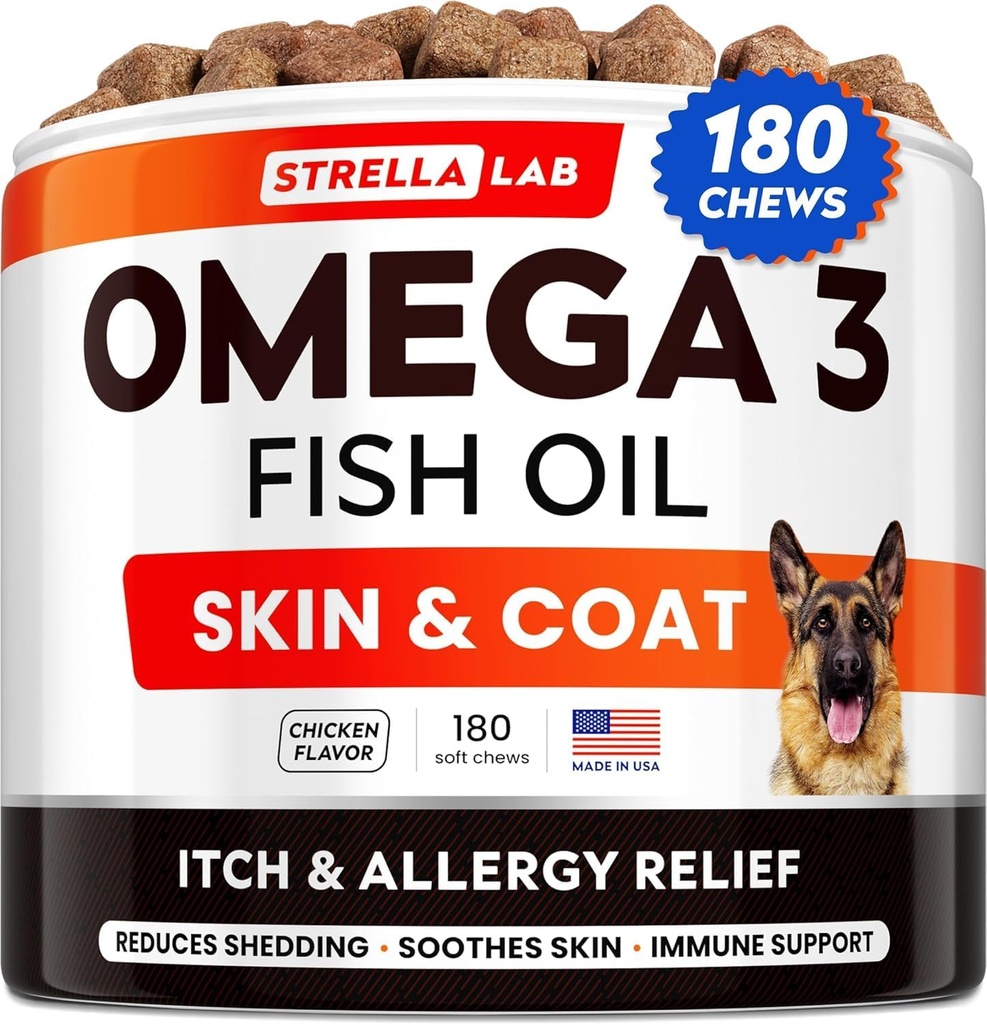 StrellaLab Omega 3 for Dogs - (180Ct) Balık Yağı Tedaviler - Anti Shedding & Hot Spots Tedavisi - Pet Salmon Oil Chews - Tavuk Flavor