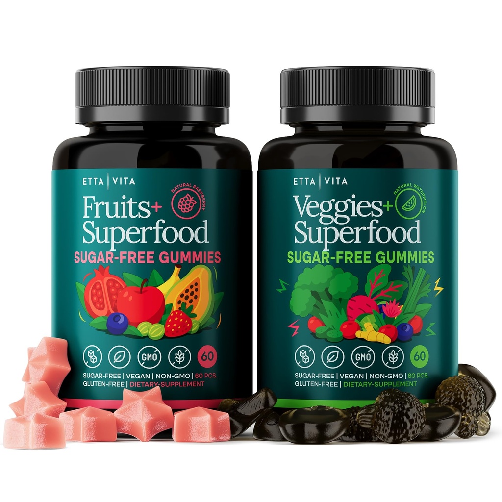 Her gün Debloat & Detox Sugar-Free Fruits ve Veggies Gummies - Superfood Meyve ve Sebze Supplement (120 Chews) Cruelty-Free, Vegan, Gluten-Free, Meyve ve Vitaminler
