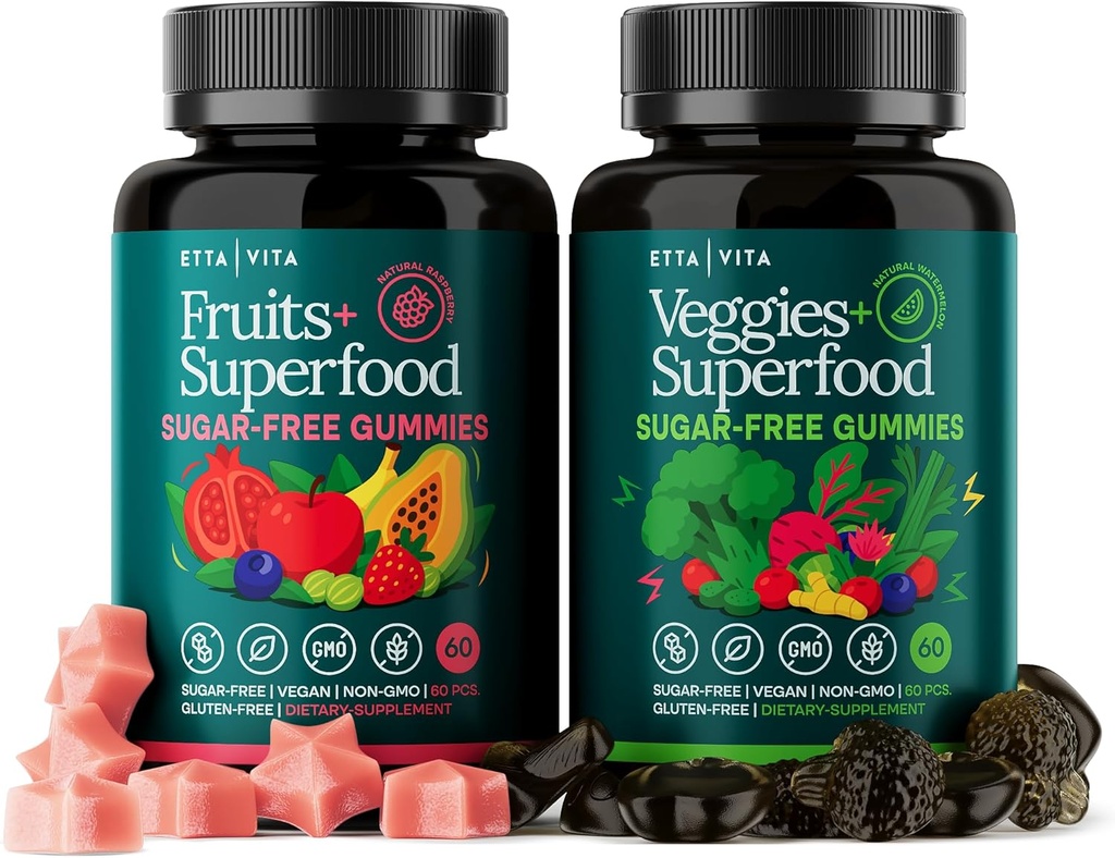 Her gün Debloat & Detox Sugar-Free Fruits ve Veggies Gummies - Superfood Meyve ve Sebze Supplement (120 Chews) Cruelty-Free, Vegan, Gluten-Free, Meyve ve Vitaminler