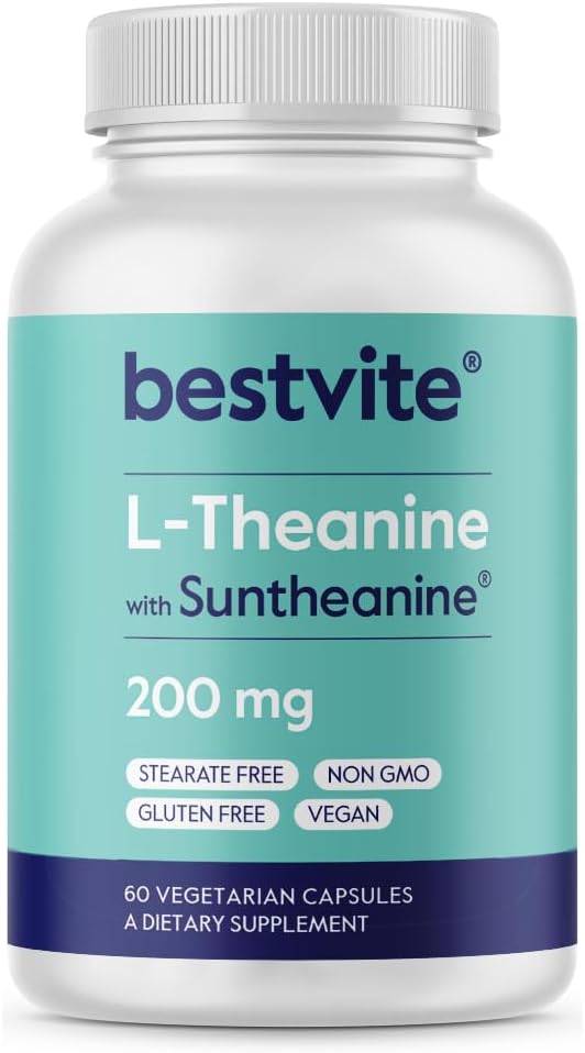 BESTVITE Double Strength Suntheanine L-Theanine 200 mg – Patented & Klinik olarak Studied – 60 Vejetaryen Capsules – Vegan – Stearates – Non GMO – Gluten Free – Relaxation Support Support