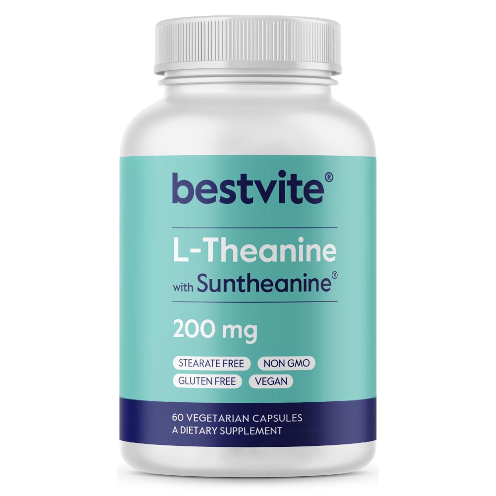 BESTVITE Double Strength Suntheanine L-Theanine 200 mg – Patented & Klinik olarak Studied – 60 Vejetaryen Capsules – Vegan – Stearates – Non GMO – Gluten Free – Relaxation Support Support