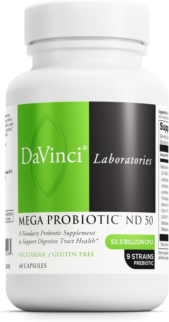 DAVINCI Laboratuvarları Mega Probiyotik ND 50 - Prebiyotik Fiber ile Non-Dairy Probiyotik Supplement - Digestive & Immune Health Support* - Gut Support with Beneficial Bakteri* - 60 Vegetarian Capsules
