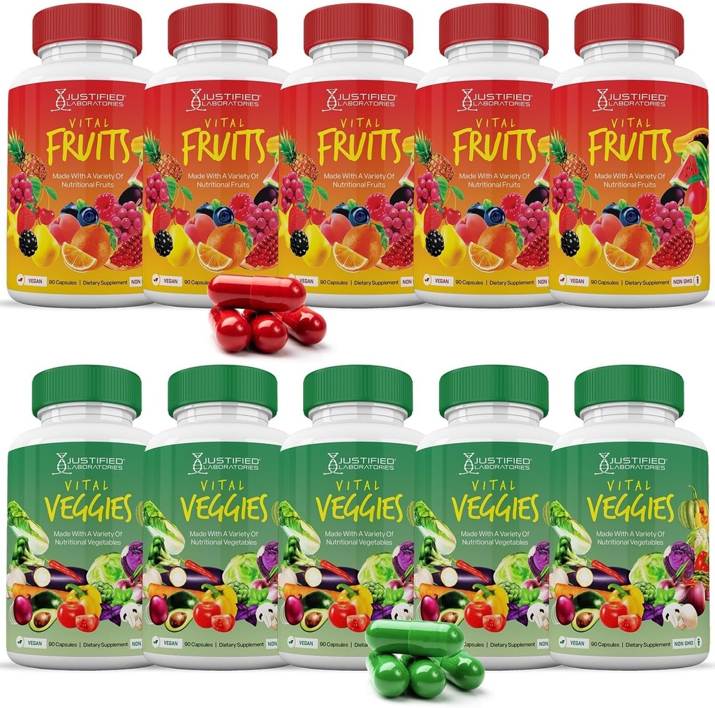 Justified Laboratories (10 Pack Vital Fruits and Veggies Supplement Whole Food Red & Green Superfoods Non GMO Vegan Friendly 900 Veggie Capsules 10 Şişes