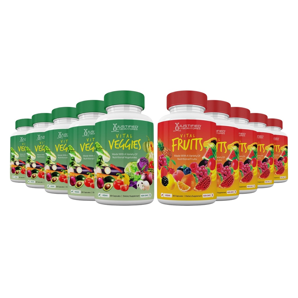 Justified Laboratories Superfoods Set - Includes Vital Fruits (90 Capsules, Pack of 5) + Vital Veggies (90 Capsules, Pack of 5) - Non-GMO, Vegan - 30 Servings per Bottle