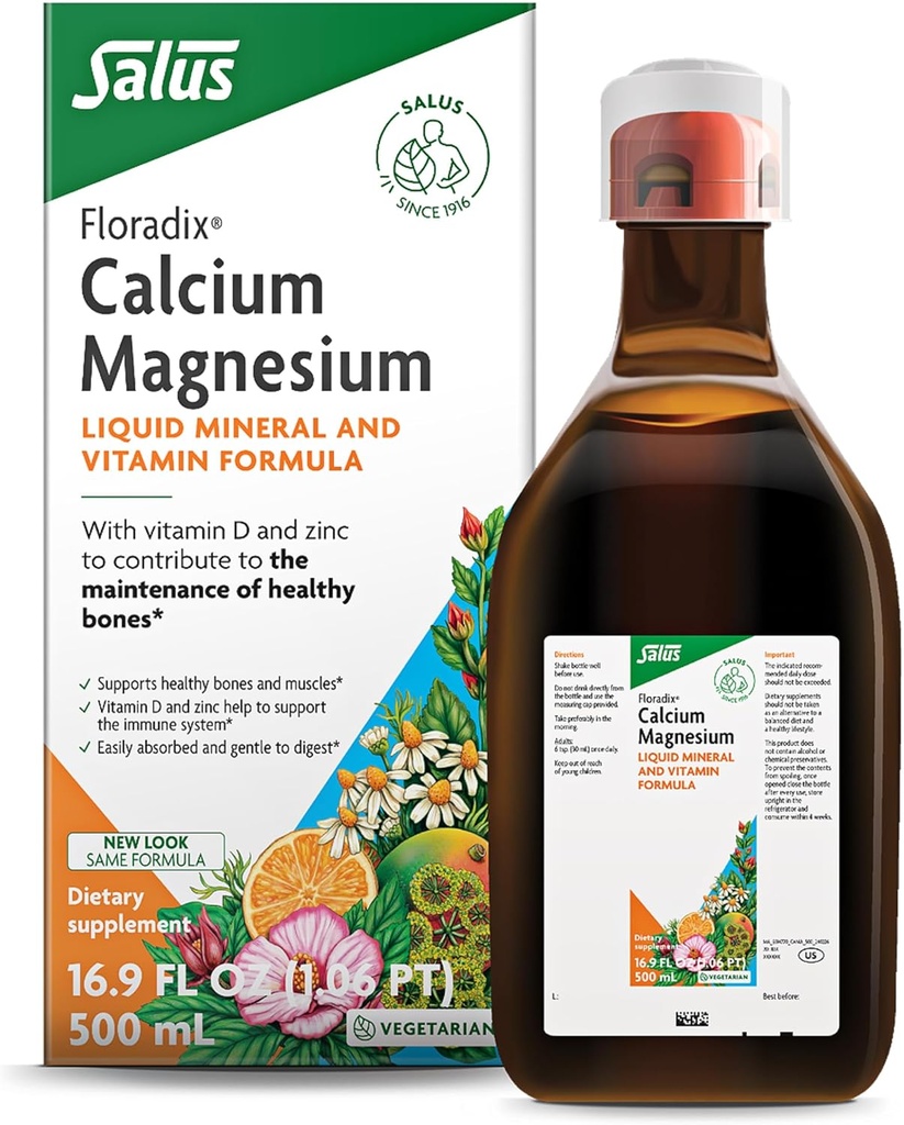 Floradix Calcium Magnesium Liquid Mineral & Vitamin Formula - Bone Support Supplement with Calcium, Magnesium, Vitamin D & Zinc - Vegetarian & Non-GMO - 16.9 fl oz