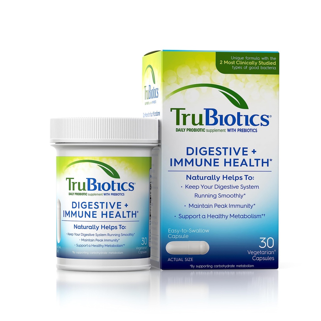 TruBiotics Probiotics for Digestive & Immune Health, Supports Regularity & Helps Relieve Abdominal Discomfort, Gas & Bloating, 2 Clinically Studied Probiotic Strains, Plus Prebiotics, 30 Capsules