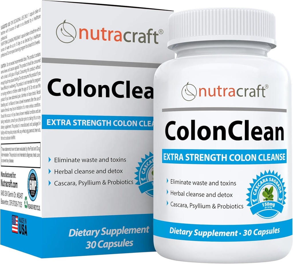 Nutracraft ColonClean #1 Colon Detox and Constipation Relief | Senna, Cascara Sagrada, Psyllium, MCT, Aloe and Probiotics | 30 Capsules