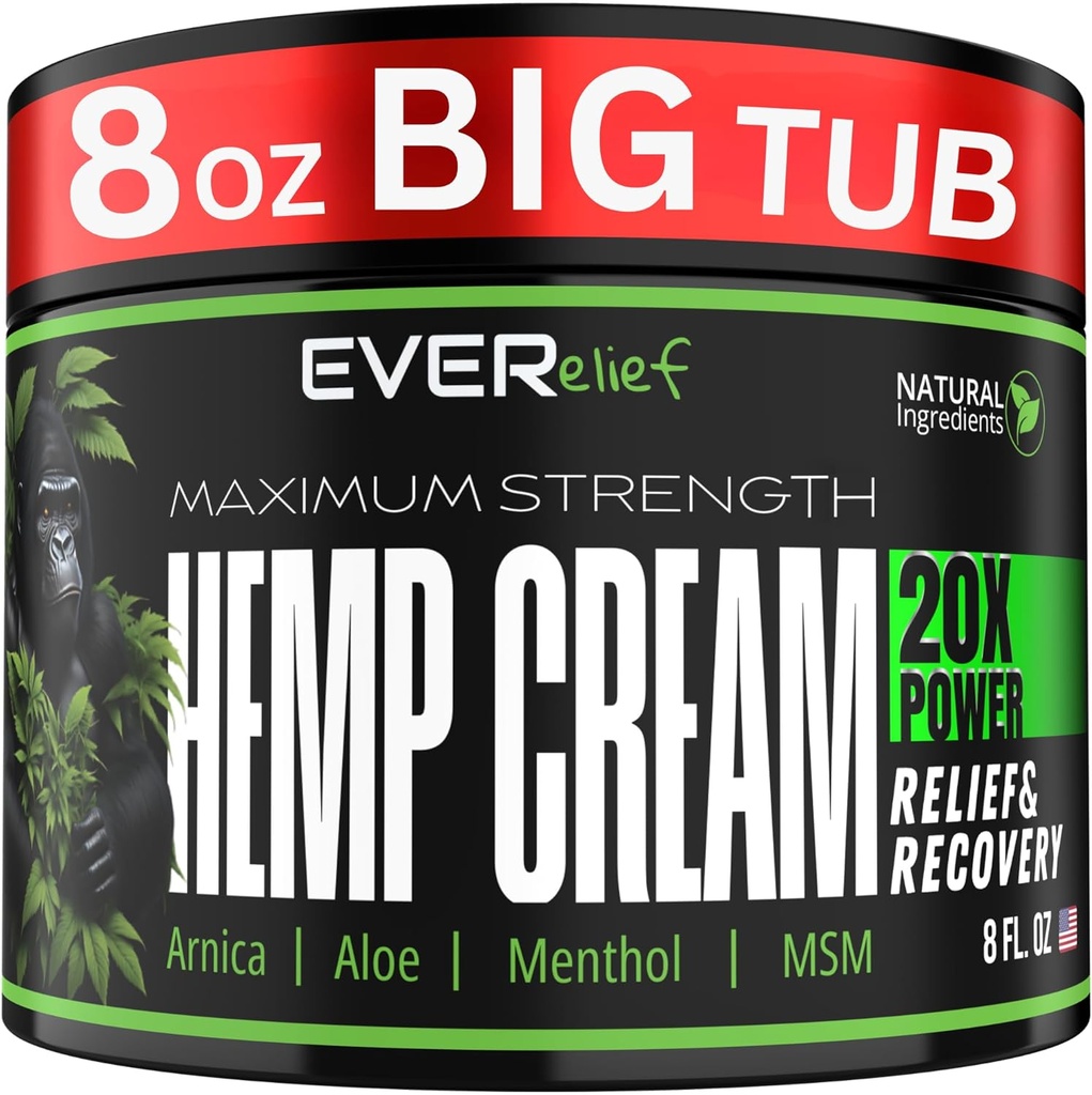 Hemp Cream Maximum Strength Relief Cream 8 OZ - Relieve Knee, Hip, Joint, Muscle & Lower Back Pain Support | Natural Lotion Made in USA with Hemp Oil, MSM, Turmeric and Arnica.