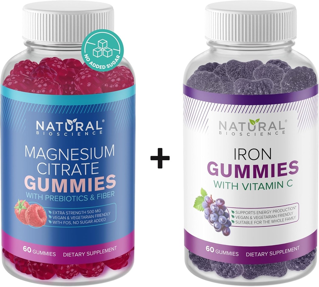 Sugar Free Magnesium Gummies for Adults 500 mg & Iron Gummies with Vitamin C for Adults & Kids, Vegan, Gluten Free, Relaxation, Energy Support, Non-GMO, 60 Gummy Vitamins