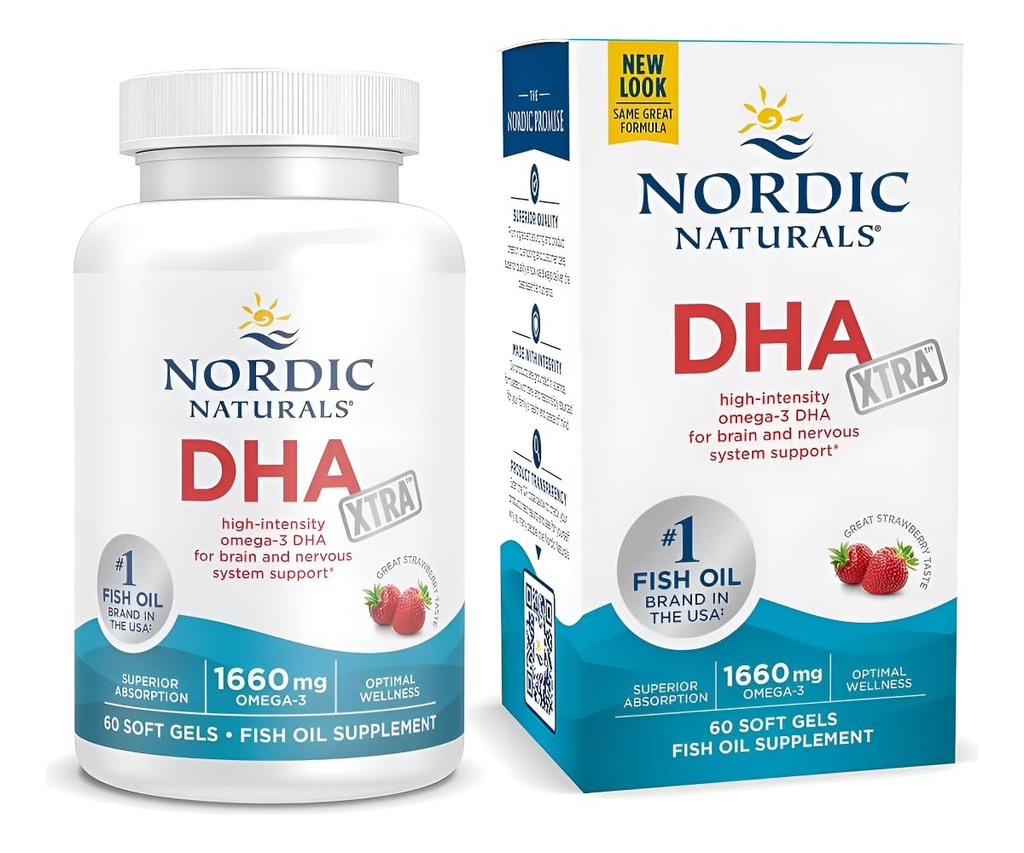 Kuzey Naturals DHA Xtra, Strawberry - 60 Soft Gels - 1660 mg Omega-3 - Beyin ve Nervous Sistem Desteği için Yüksek Lisans DHA Formula - Non-GMO - 30 Hizmet
