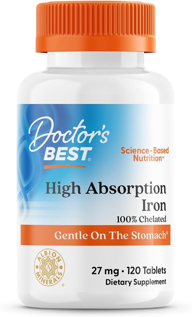 Doctor's Best High Abvorvation Iron Tablet with Ferrochel, Gentle on The Stomach, Immune Health, Blood Health, 27 mg