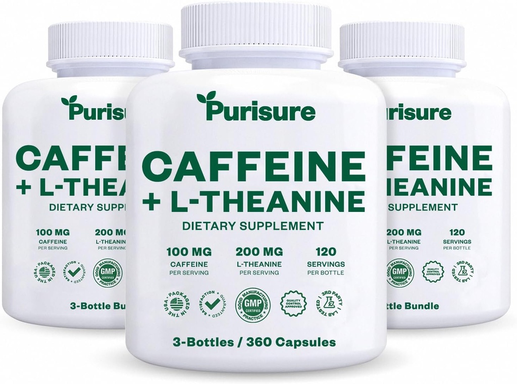 Caffeine Theanine Capsules Pills 100 mg Caffeine + 200 mg L Theanine for Pre Workout Energy, and Clarity Energy Pills for Fatigue, Nootropic Supplement, 120 Day Supply, Pack of 3