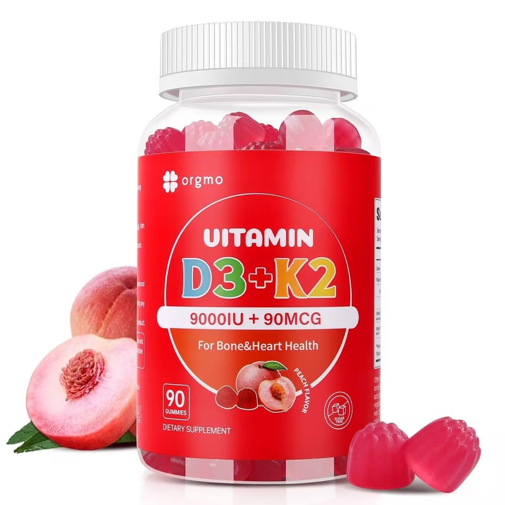 D3 K2 Gummies - 90 Kont Sugar Free Vitamin D3 9000 IU + K2 (MK-7) Bone & Immune Health için 90 mcg Chewable K2 D3 Vitamini Kadınlar için Tamamlanabilir (Peach Flavor)