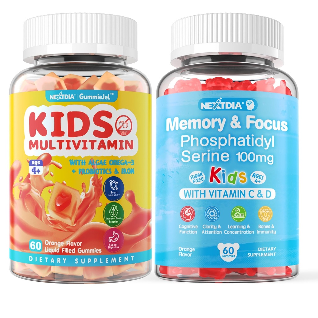 Nextdia 2 Pack Phosphatidylserine Supplement for Kids + 2 Pack Kids Multivitamin Gummes