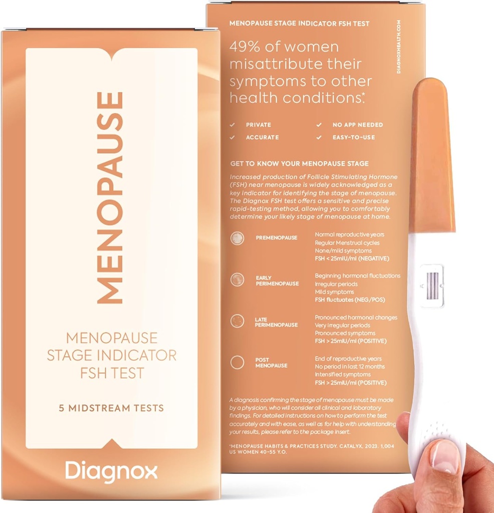 DIAGNOX FSH Menopause Test Kit - 5 Pack Menopause Aşama Göstergesi - Klinik Grade Midstream FSH Evde Test - No Mobile App Needed