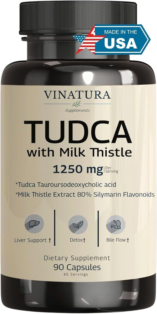 VINATURA Tudca γάλα γαϊδουράγκαθο 1250mg - συμπλήρωμα Tudca, Tudca Bile Αλάτια, υποστήριξη ήπατος, Συμπληρώματα χοληδόχου κύστης *USA Made and Tested* Bile Salts συμπλήρωμα - 90 κάψουλες