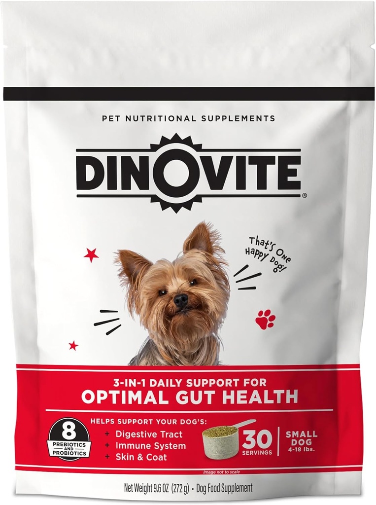 Dinovite 3 σε 1 Probiotic για μικρά σκυλιά, δέρμα & παλτό, Digestive υγεία & κοινή ανακούφιση, σκυλοτροφές Toppers, ανοσοποιητική υποστήριξη, Αλλεργία ανακούφιση & Itch ανακούφιση φροντίδα του δέρματος, 30 υπηρεσίες (1-18lb)