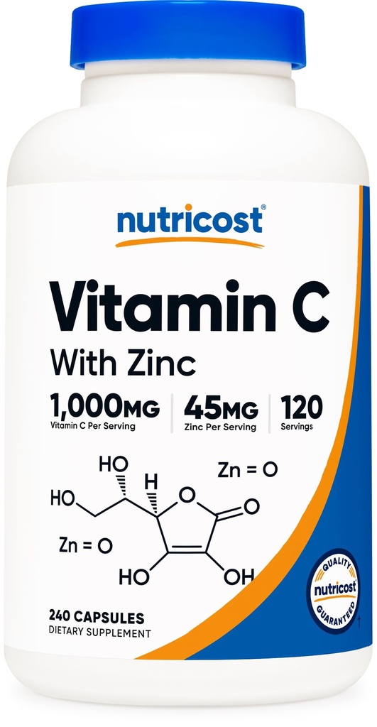 Nutricost Βιταμίνη C με κάψουλες ψευδαργύρου, 120 σέρβις - 1000mg, 45mg ψευδάργυρος, μη ΓΤΟ, συμπλήρωμα χωρίς γλουτένη βιταμίνη C