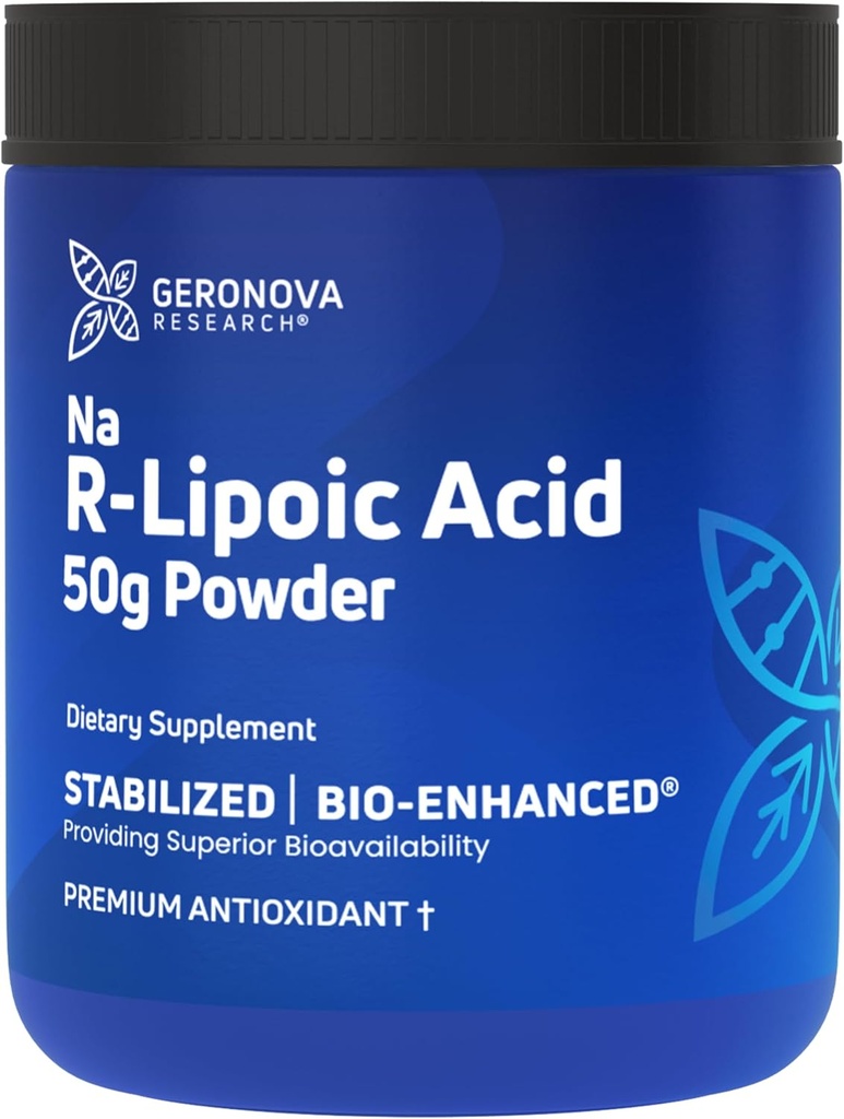 Geronova Research Bio-Enhanced Na R-Lipoic Acid Toz, 50g - 4 Ay Supply - Esnek Dosage için R Alfa Lipoic Acid Toz - Easy Mix & Geliştirilmiş Abxia Nerve Support Supplement