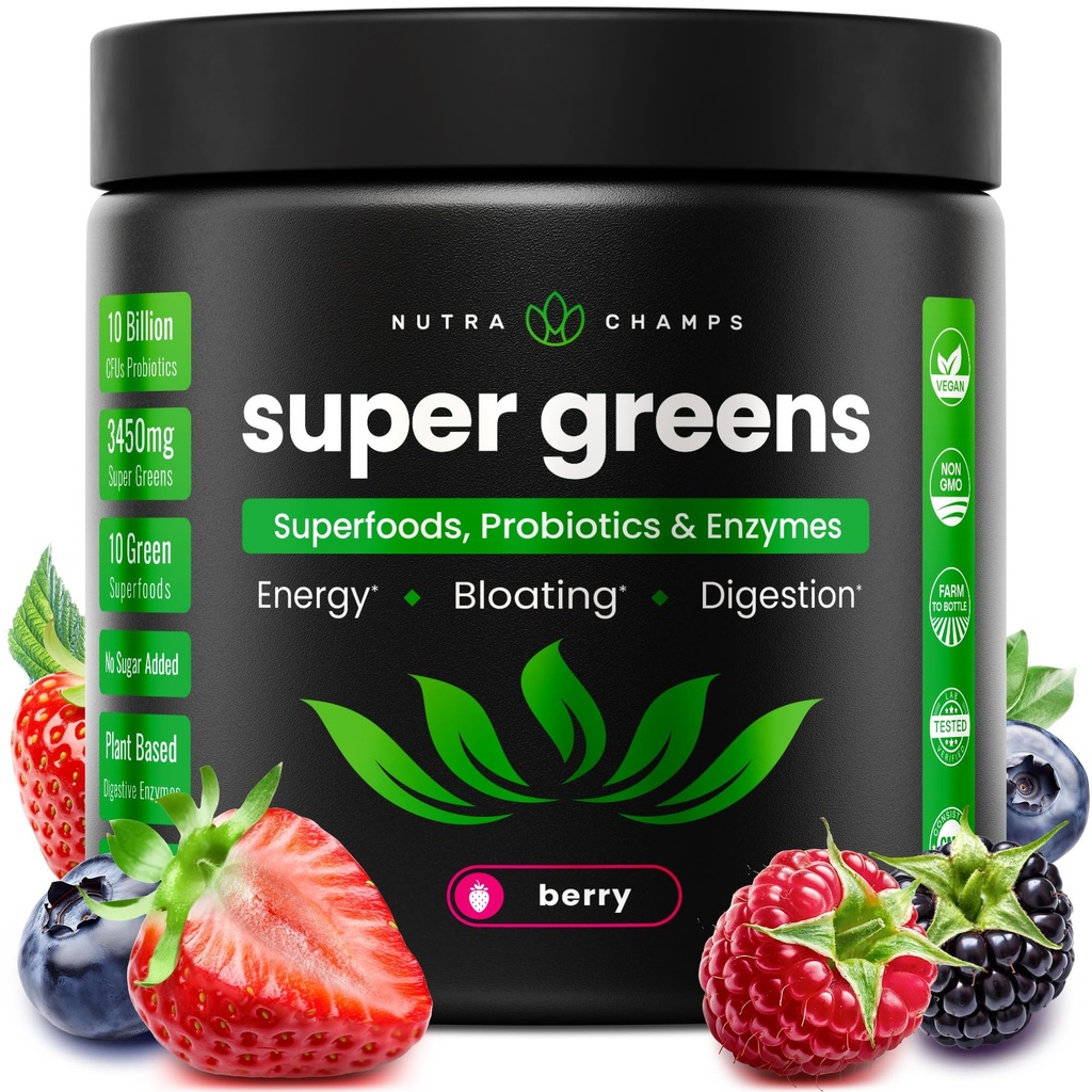 NutraChamps Super Greens Toz Premium Superfood | 20+ Organik Yeşil Veggie Tüm Gıdalar | Buğday Çim, Spirulina, Chlorella | Antioksi, Digestive Enzyme & Probiyotik Mixs (9.0 Oz, Berry)