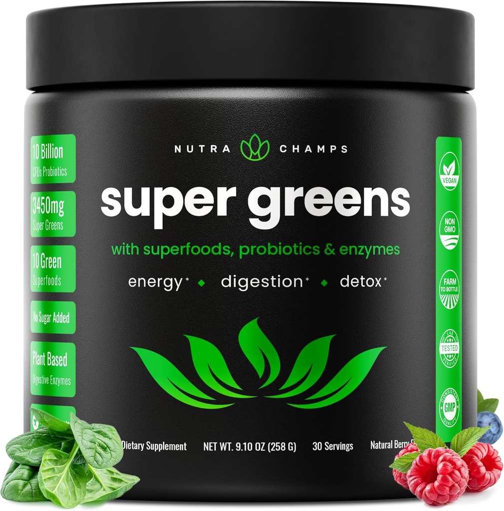 NutraChamps Super Greens Toz Premium Superfood | 20+ Organik Yeşil Veggie Tüm Gıdalar | Buğday Çim, Spirulina, Chlorella | Antioksi, Digestive Enzyme & Probiyotik Mixs (9.0 Oz, Berry)