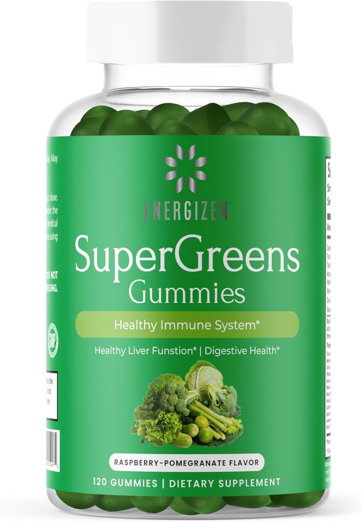 Green Superfood Gummies Plus - Sağlıklı Yaşamcı, Digestive Health & Immune System - Vegan, Non-GMO, Gluten-Free - Raspberry & Pomegranate Flavor - 120 Kont
