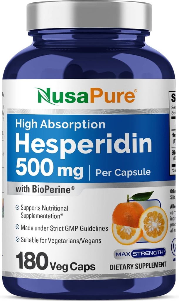 NusaPure Hesperidin 500 mg ανά Veggie Caps - 180 Κάψουλες (BioPerine, Υψηλή Απορρόφηση, Μη ΓΤΟ)